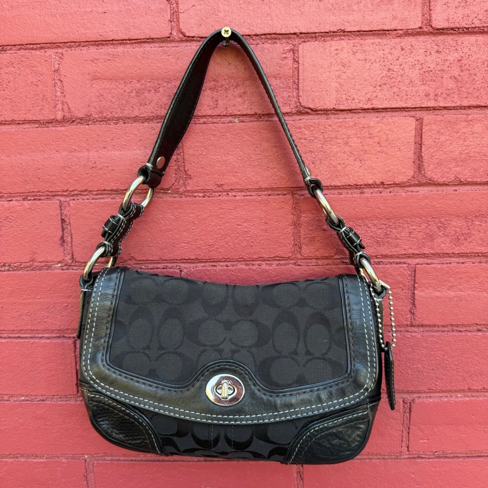 Vtg Coach Chelsea Signature Monogram Black Canvas Turnlock Shoulder Bag 10988